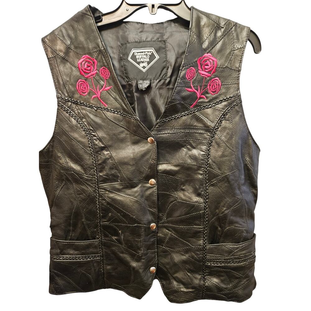 Diamond plate buffalo leather women's leather vest embroidered roses Size XL